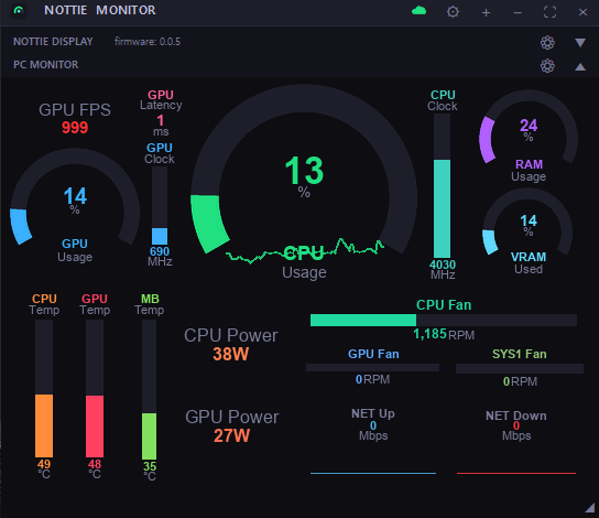 Nottie Monitor 프로그램 화면 — CPU·GPU 게이지, 온도 막대, 팬 속도가 한 창에 표시된다